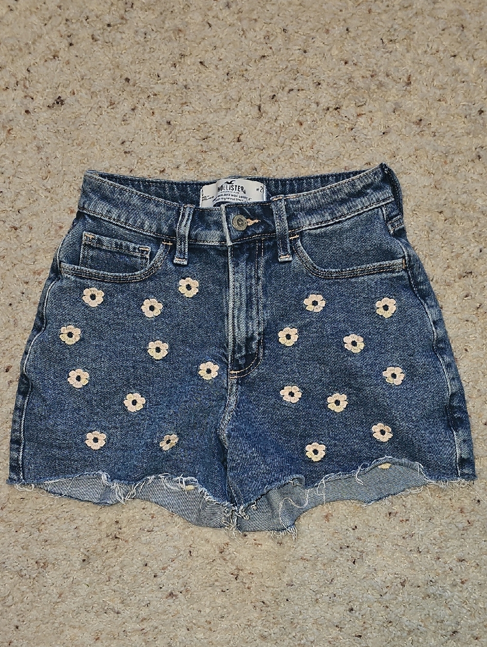Hollister Blue Denim Shorts with Cream Daisy Embroidery